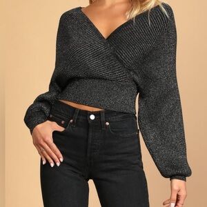 Vici Green V-Neck Cropped Sweater with Metallic Shimmer